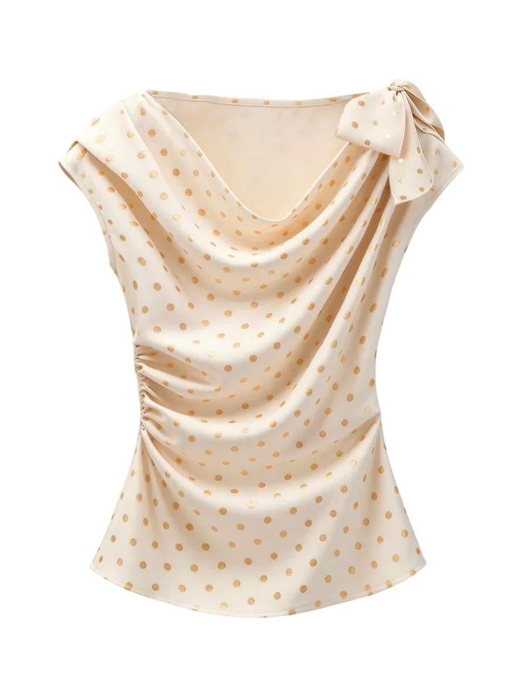 MAKEMECHIC Polka Dot Cowl Neck Bow Blouse