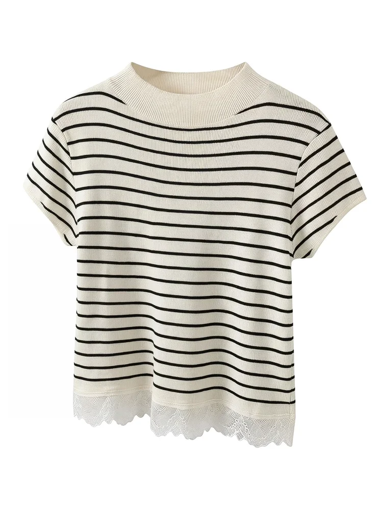 MAKEMECHIC Short Sleeve Mock Neck Lace Sweater