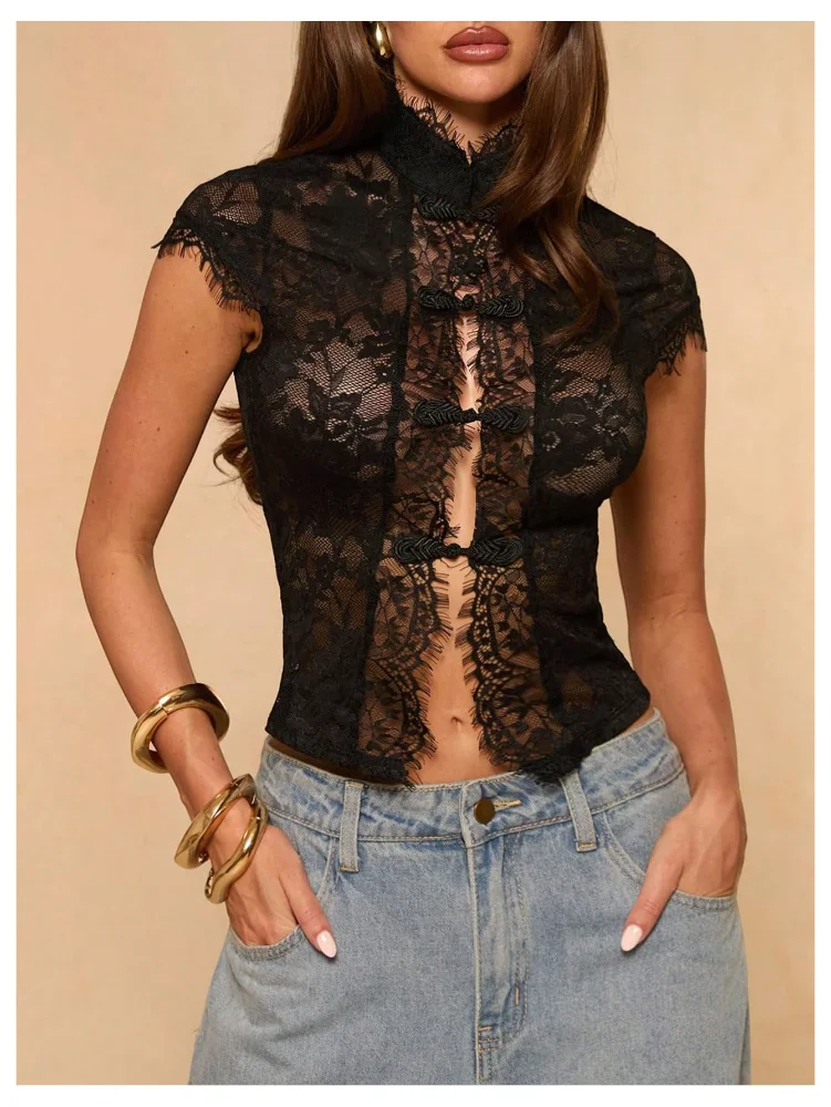 MAKEMECHIC Chinese Frog Button Crop Top, view 2