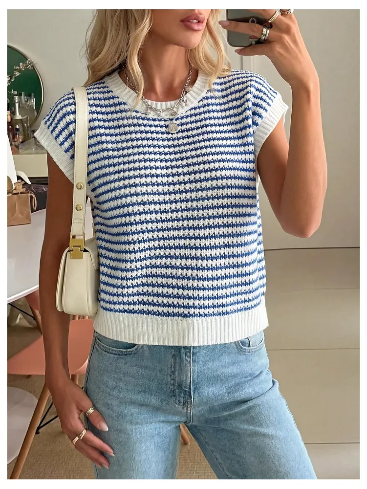 MAKEMECHIC Striped Crochet Cap Sleeve Sweater Vest, view 2