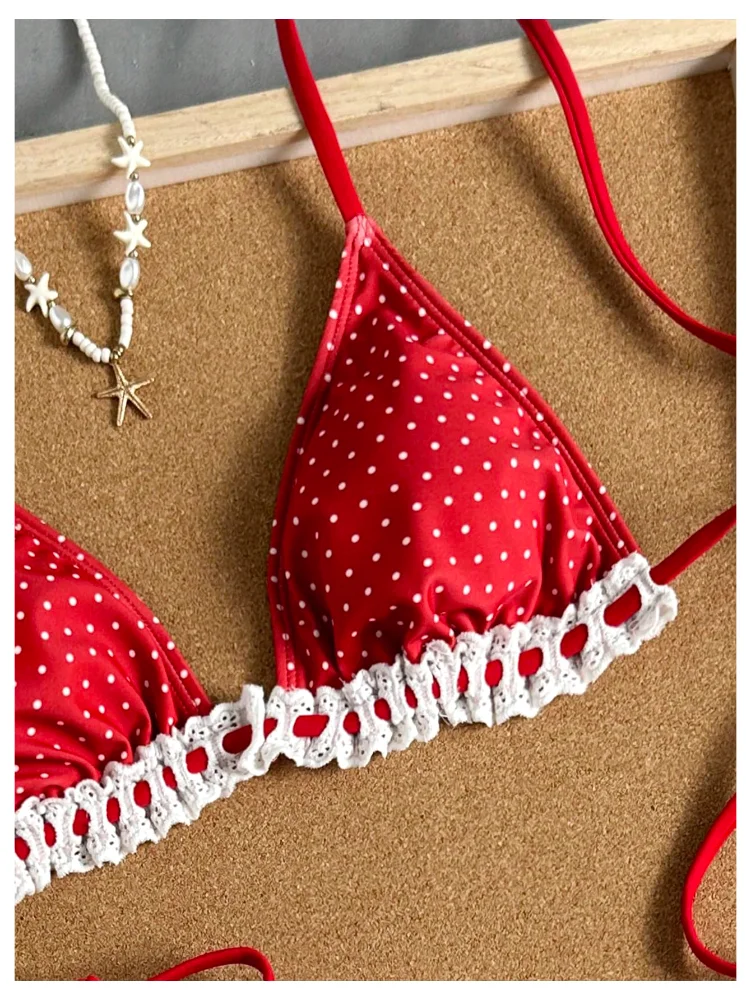 MAKEMECHIC Polka Dot Lace Triangle Bikini Set, view 2