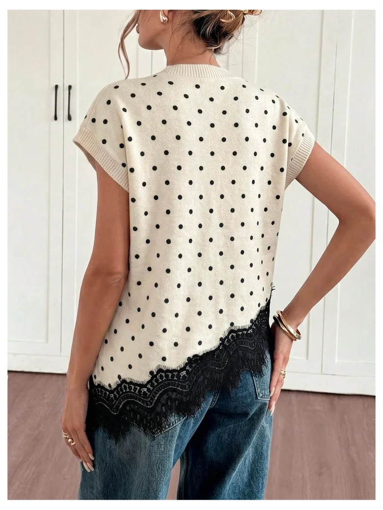 MAKEMECHIC Polka Dot Lace Trim Sweater Vest, view 3