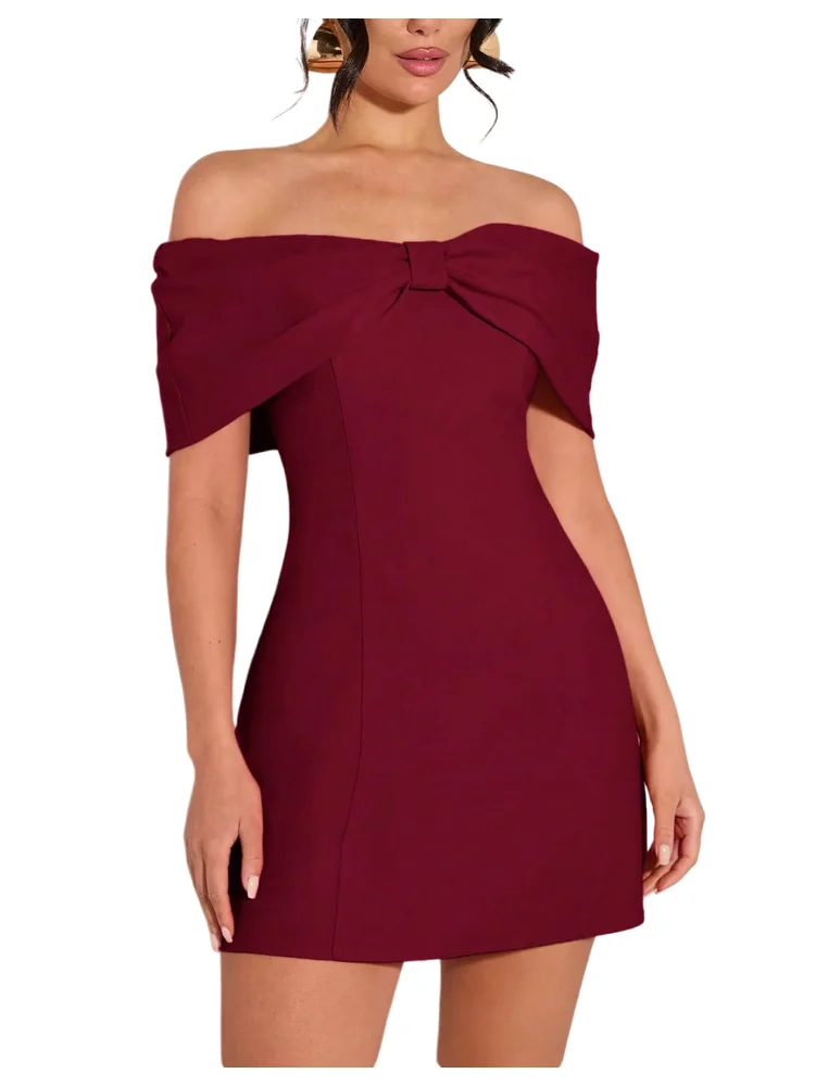 MAKEMECHIC Bow Off The Shoulder Bodycon Mini Dress