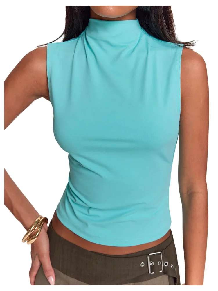 MAKEMECHIC Mock Neck Sleeveless Fitted Crop Top