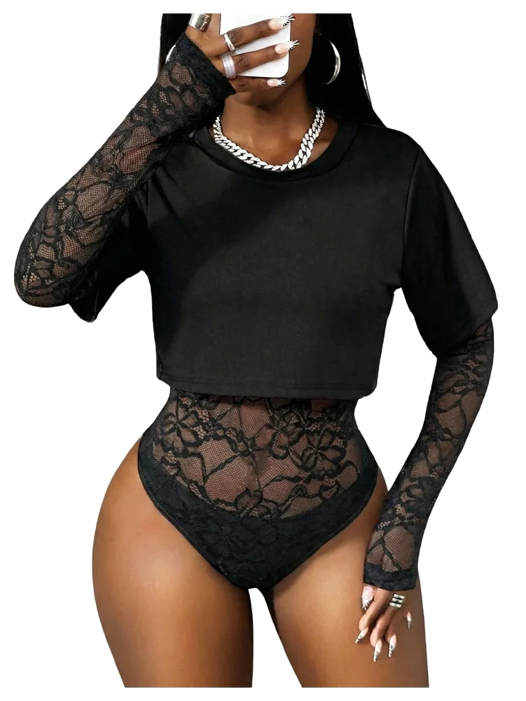 MAKEMECHIC Lace Long Sleeve Sheer Bodysuit