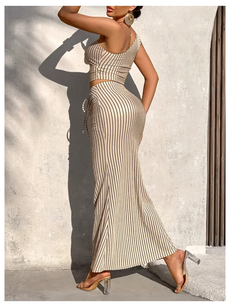 MAKEMECHIC Striped One Shoulder Crop Skirt Set, view 3