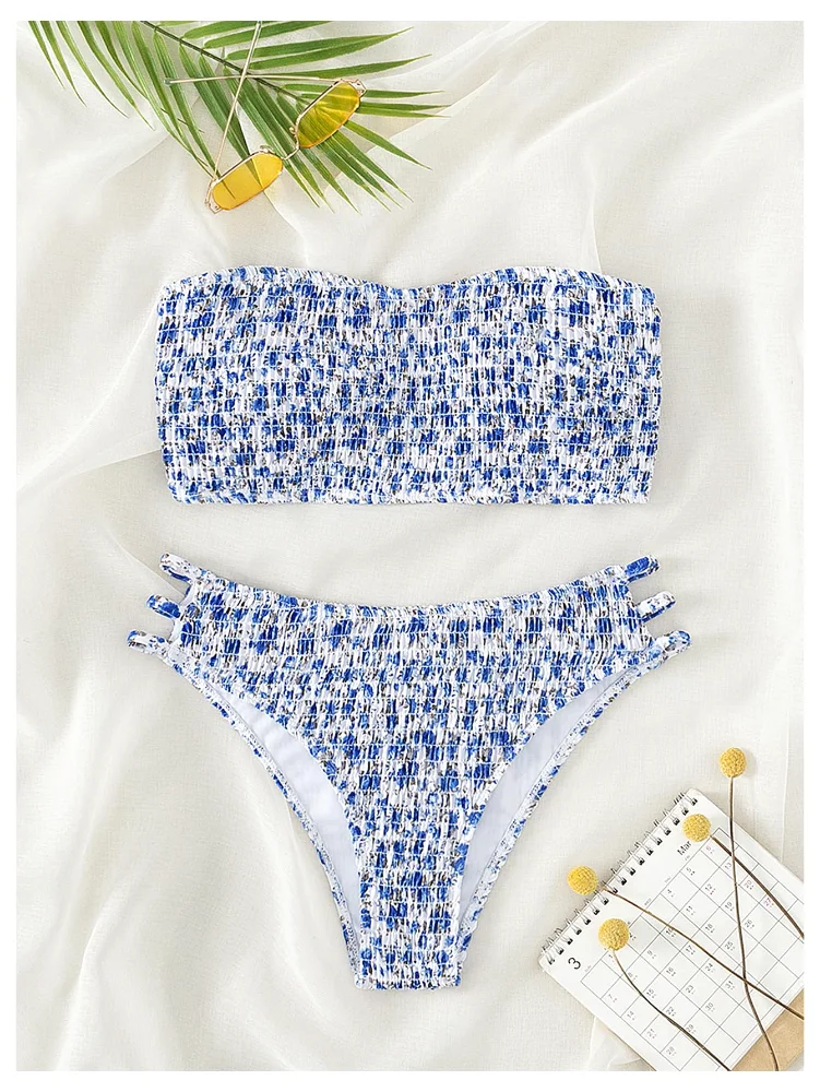 MAKEMECHIC Bandeau Strapless Smocked Bikini Set, view 2