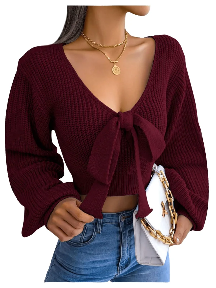 MAKEMECHIC Deep V-Neck Cropped Sweater, view 2