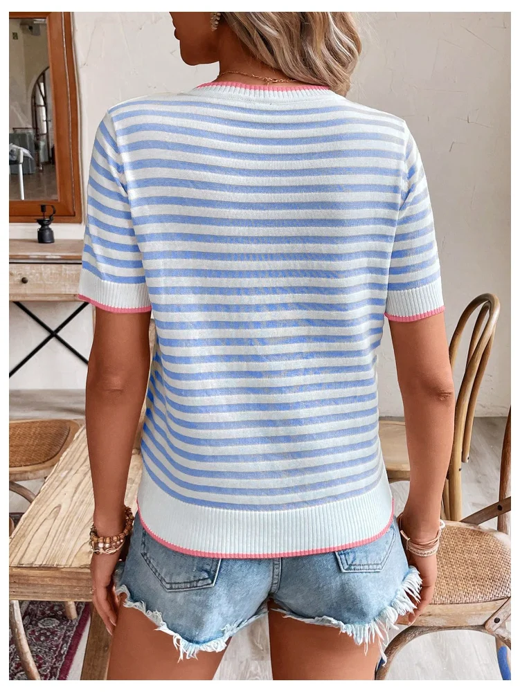 MAKEMECHIC Short Sleeve Striped Crew Neck Sweater, view 3