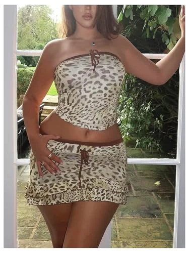 MAKEMECHIC Cheetah Print Tube Ruffle Two-Piece Set, view 3