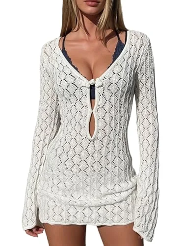 MAKEMECHIC Crochet Mini Beach Cover-Up, long sleeve