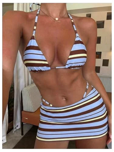 MAKEMECHIC Striped Triangle Bikini Set, halter neck, view 2