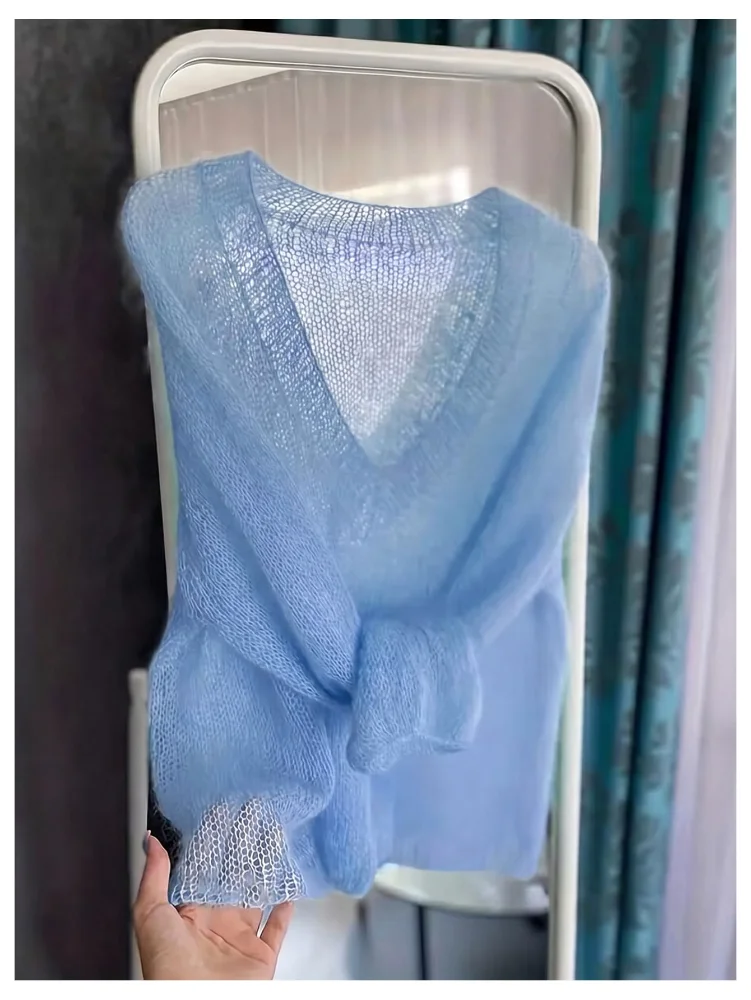 MAKEMECHIC Crochet Long Sleeve V-Neck Sweater, view 3