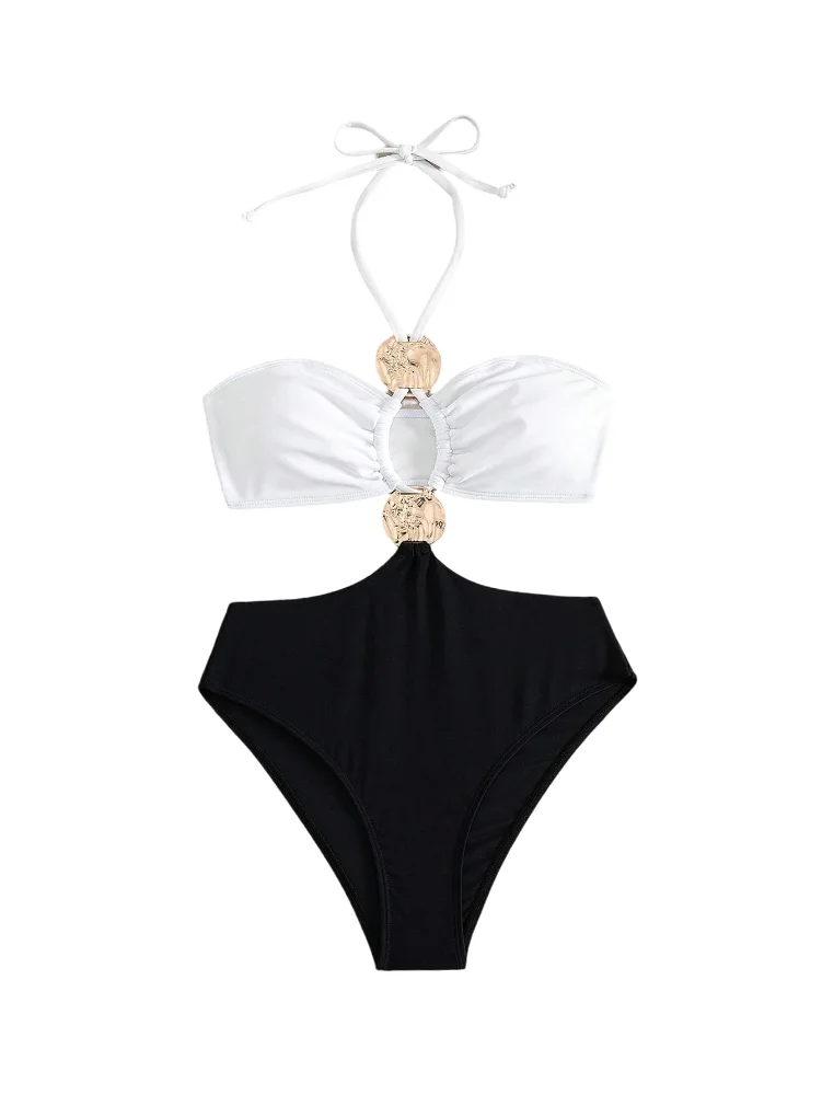 MAKEMECHIC Color Block Tie Back Cut Out One-Piece Swimsuit