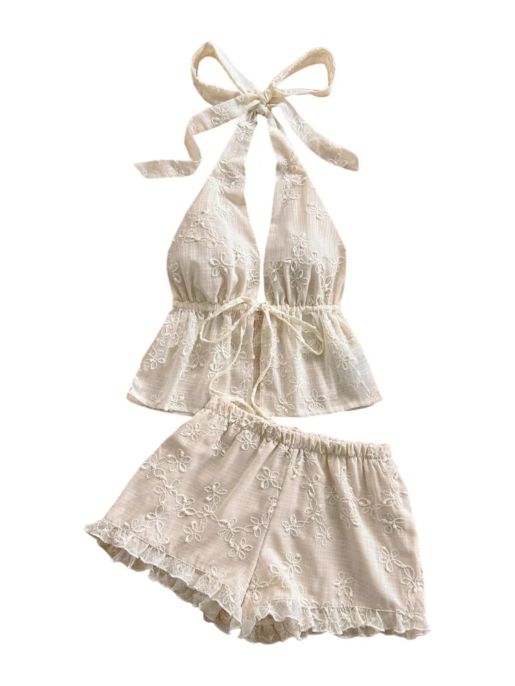 MAKEMECHIC Floral Embroidery Tie Front Shorts Set