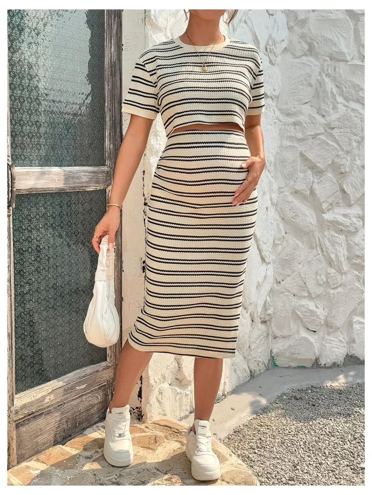 MAKEMECHIC Striped Crop Midi Maternity Two-Piece Set, view 3