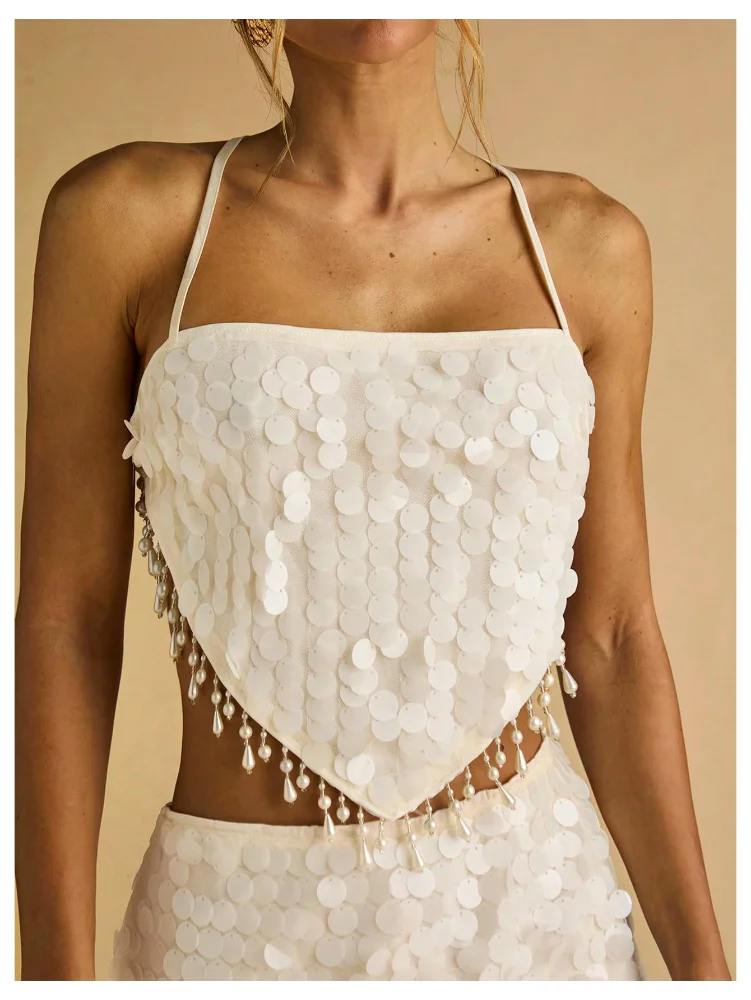 MAKEMECHIC Sequin Beaded Fringe Halter Top, view 3
