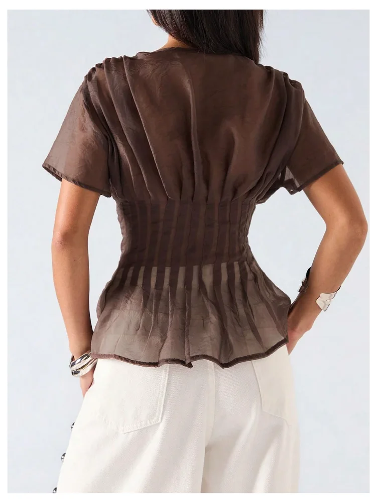 MAKEMECHIC Pleated Peplum Mesh Top, view 3