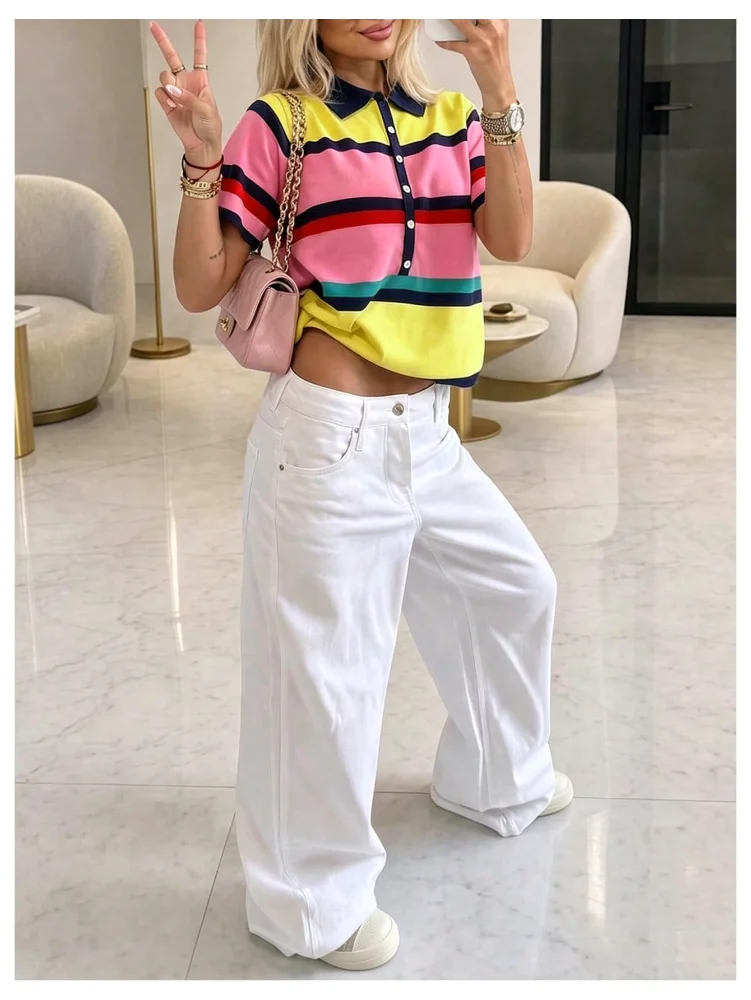 MAKEMECHIC Striped Short Sleeve Knit Sweater, view 2