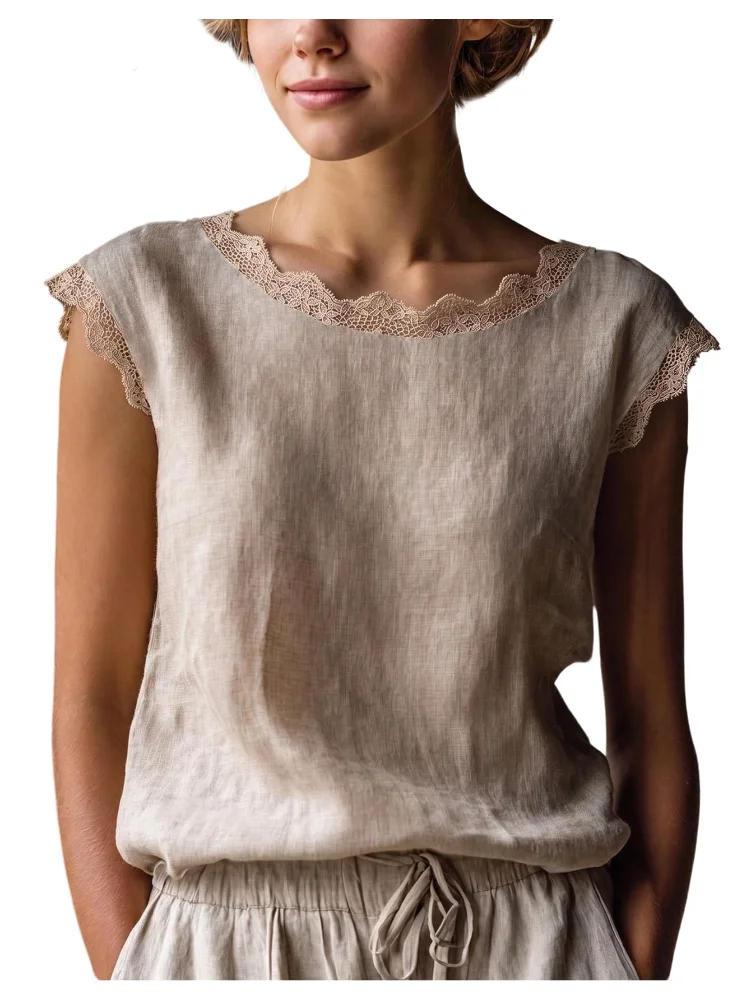MAKEMECHIC Lace Trim Linen Tank Top