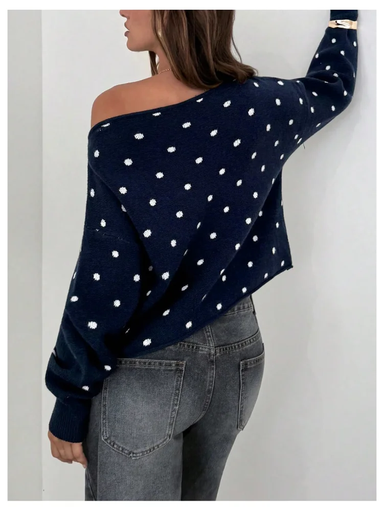 MAKEMECHIC Polka Dot One Shoulder Long Sleeve Sweater, view 3