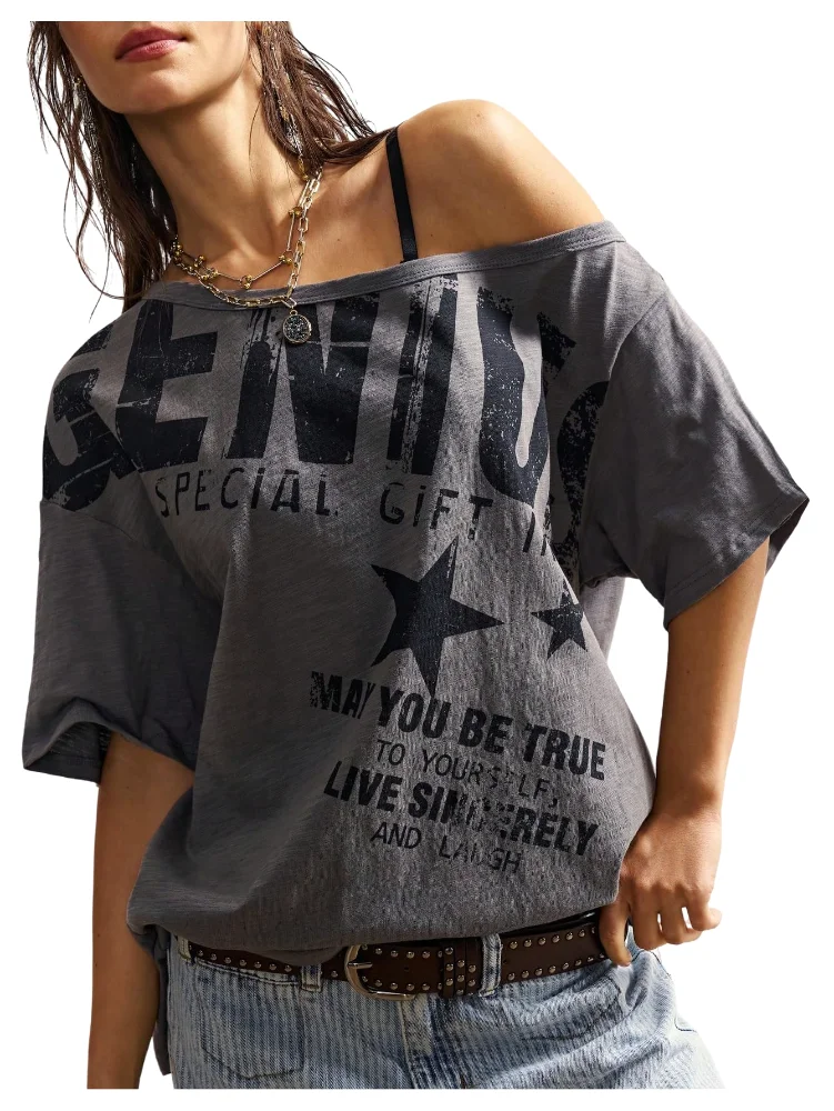 MAKEMECHIC Off The Shoulder Oversized Graphic Tee