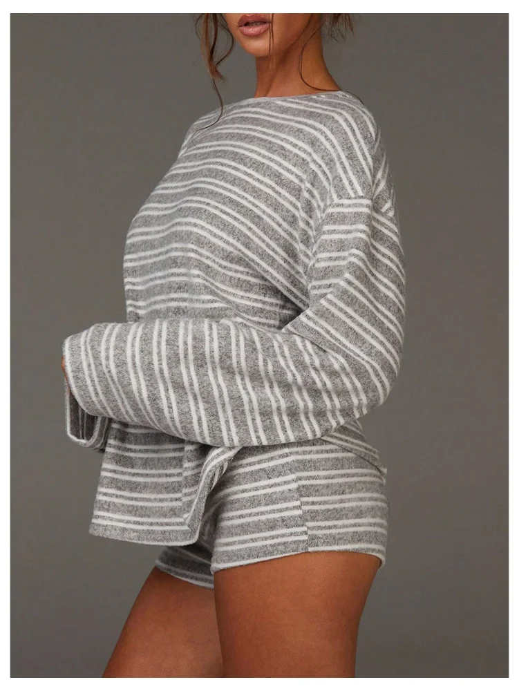 MAKEMECHIC Striped Long Sleeve Mini Shorts Set, view 2