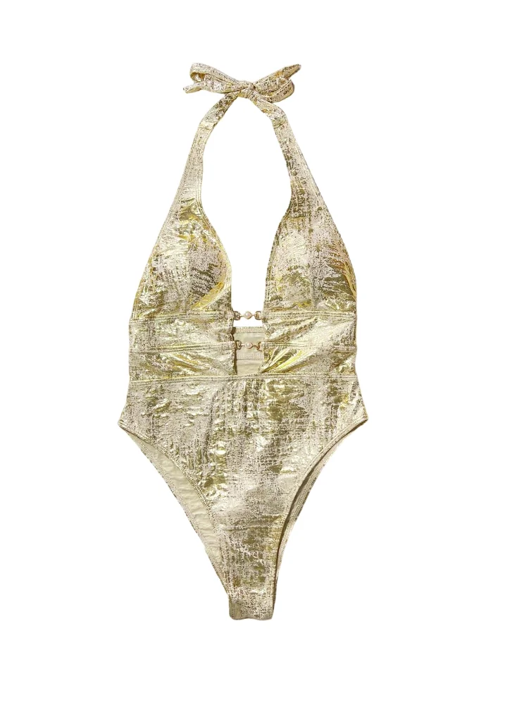 MAKEMECHIC Metallic Deep V-Neck One-Piece Swimsuit