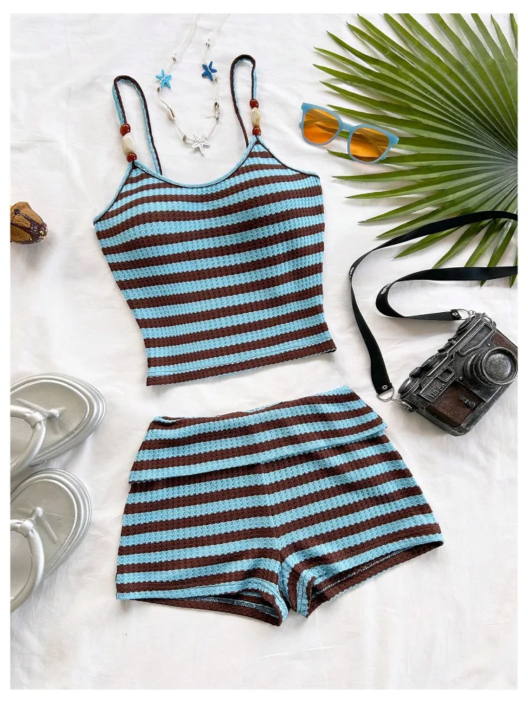 MAKEMECHIC Striped Crop Mini Shorts Set, view 3