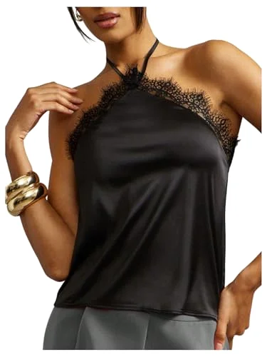 MAKEMECHIC Satin Silk Lace Halter Top