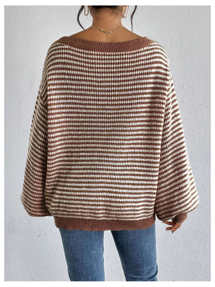 MAKEMECHIC Striped Off The Shoulder Knit Sweater, long sleeve, view 2