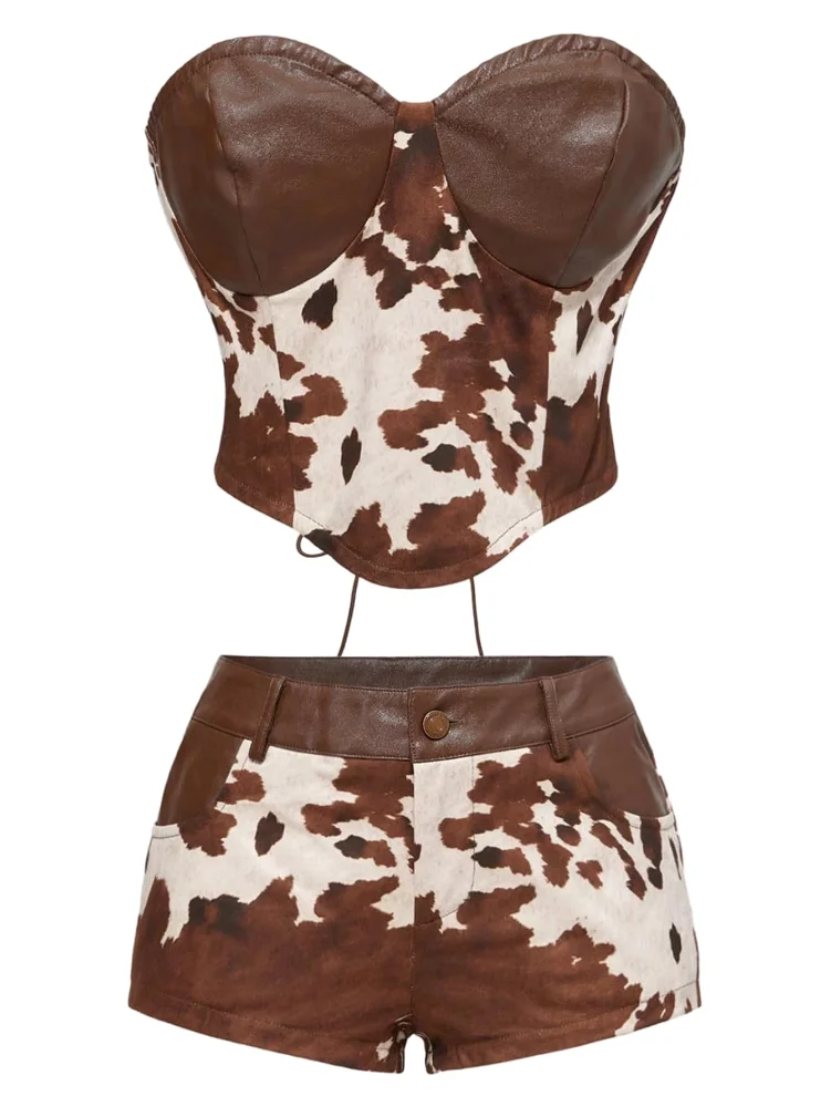 MAKEMECHIC Cow Print Leather Shorts Set