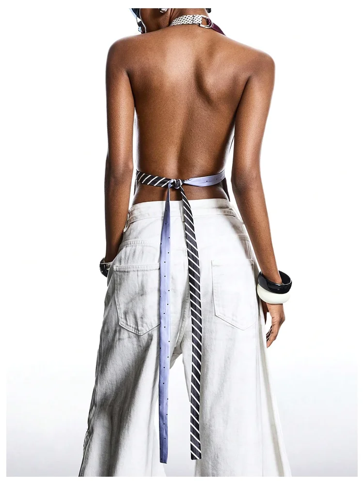 MAKEMECHIC Polka Dot Striped Halter Top, view 2