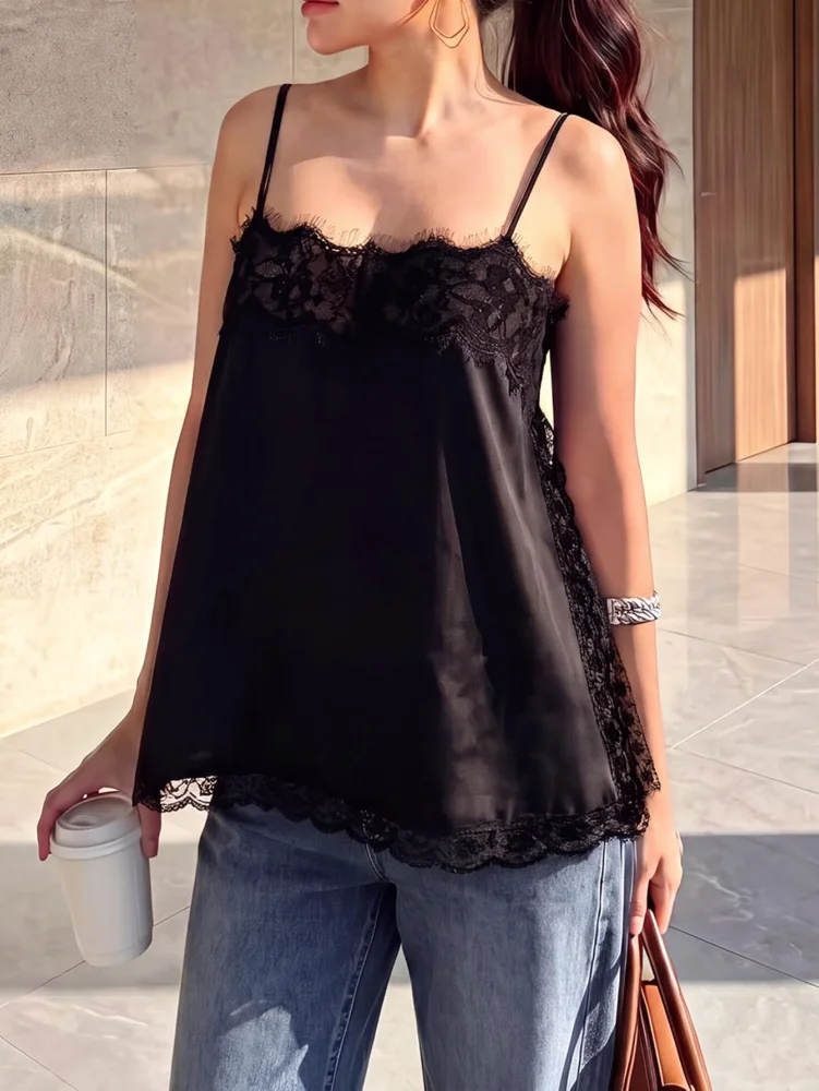 MAKEMECHIC Satin Lace Flowy Tank Top, view 3