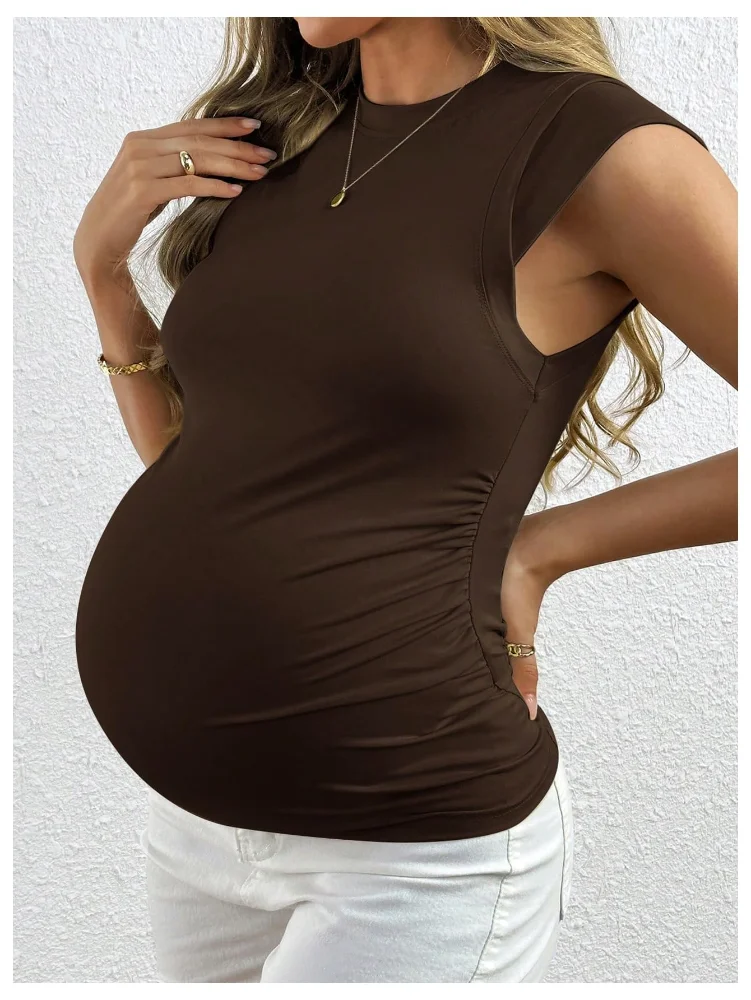 MAKEMECHIC Crew Neck Ruched Sleeveless Maternity Shirt, view 3