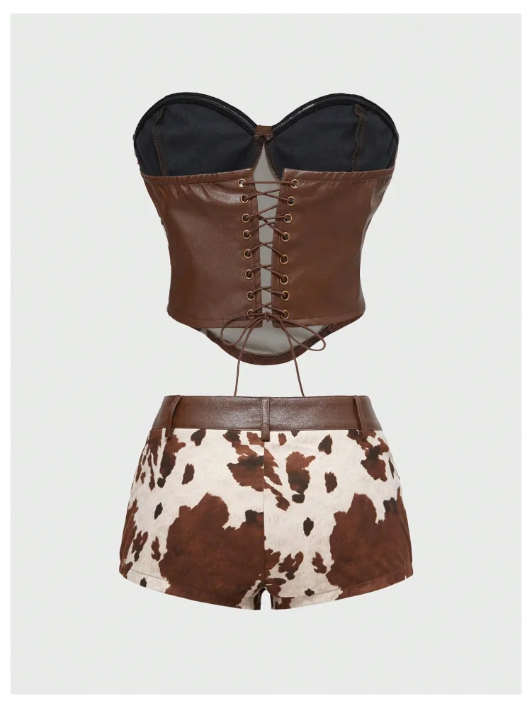 MAKEMECHIC Cow Print Leather Shorts Set, view 2