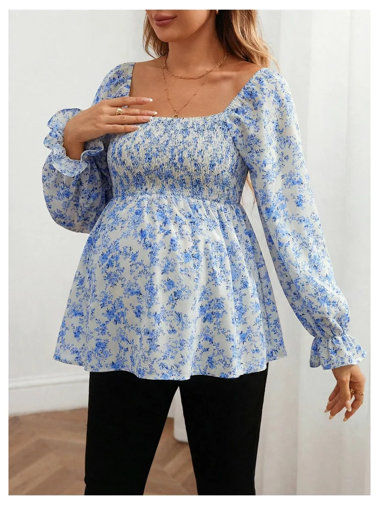 MAKEMECHIC Long Sleeve Square Neck Ruffle Maternity Blouse, view 3