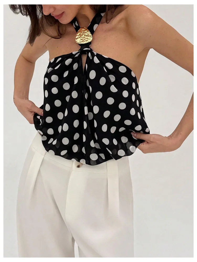 MAKEMECHIC Polka Dot Crop Open Back Halter Top, view 3