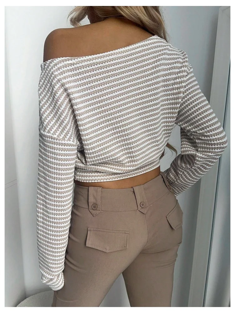 MAKEMECHIC Striped Off The Shoulder Long Sleeve Crop Top, view 2