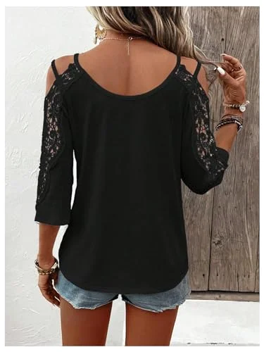 MAKEMECHIC Lace Cold Shoulder V-Neck Blouse, view 2