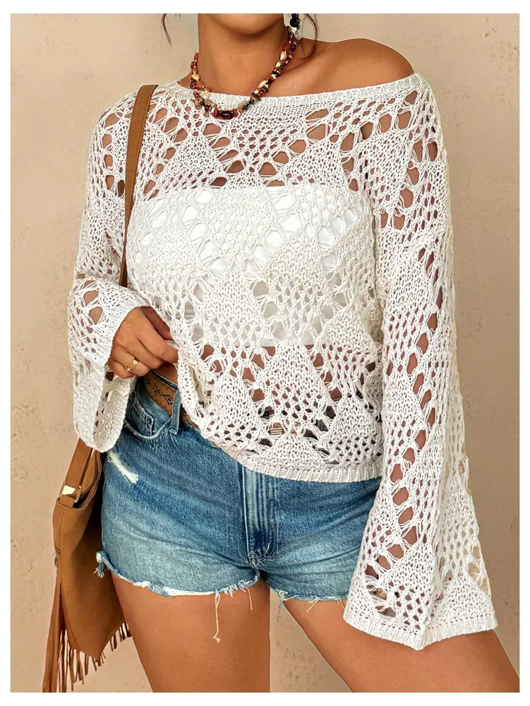 MAKEMECHIC Crochet Hollow Bell Sleeve Sweater, view 2