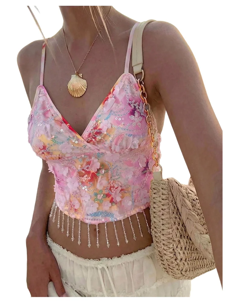 MAKEMECHIC Floral Sequin Fringe Crop Top