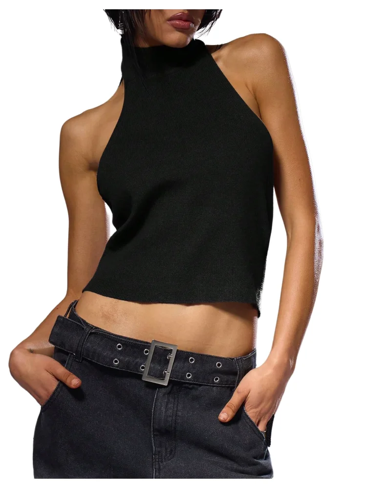 MAKEMECHIC Mock Neck Sleeveless Backless Halter Top