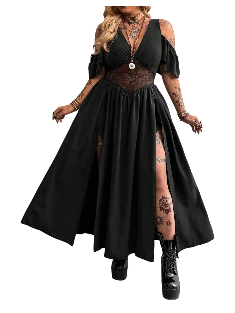 MAKEMECHIC Lace Deep V-Neck Maxi Dress