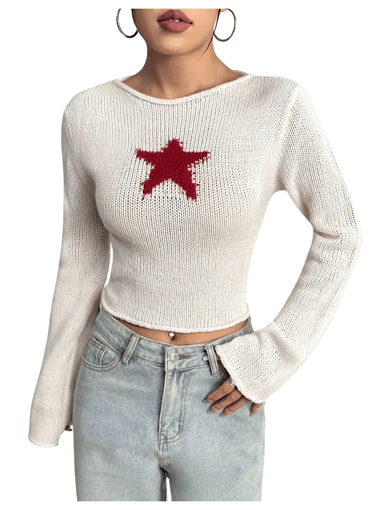 MAKEMECHIC Bell Sleeve Crew Neck Star Sweater