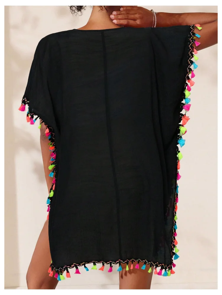 MAKEMECHIC Short Sleeve Tassel Beach Cover-Up, view 2