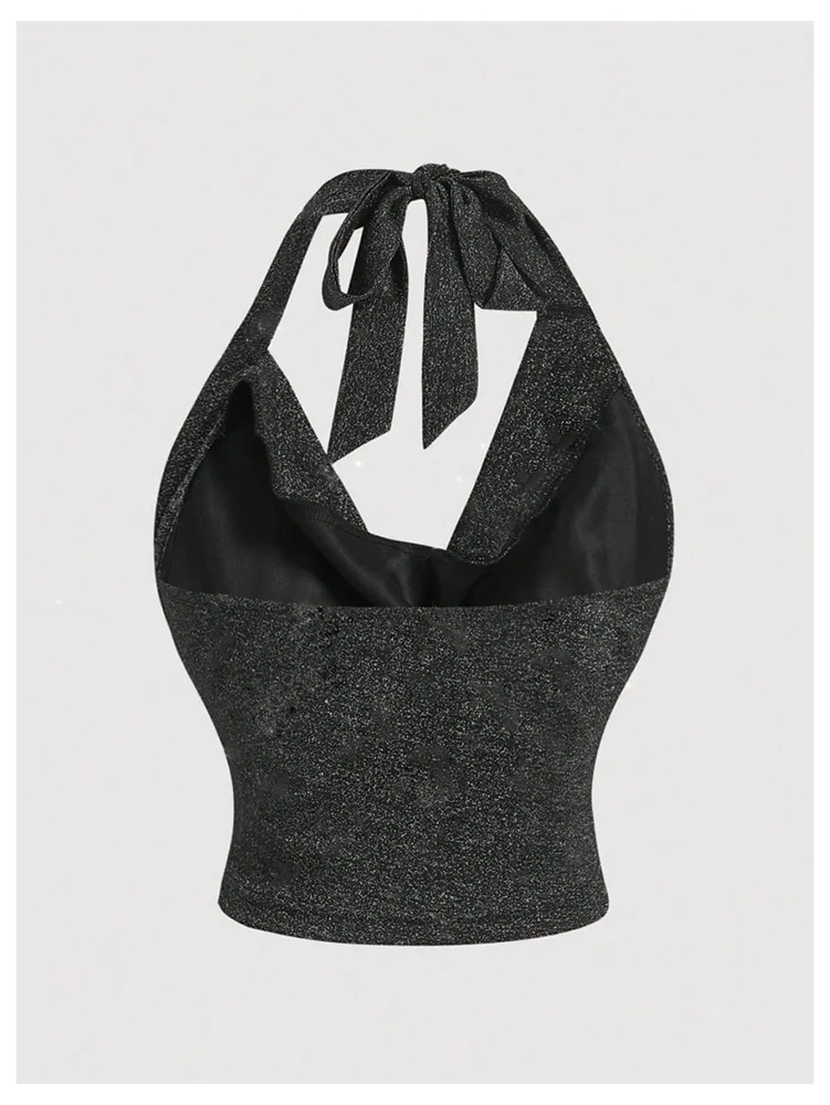 MAKEMECHIC Sparkly Draped Front Halter Top, view 2