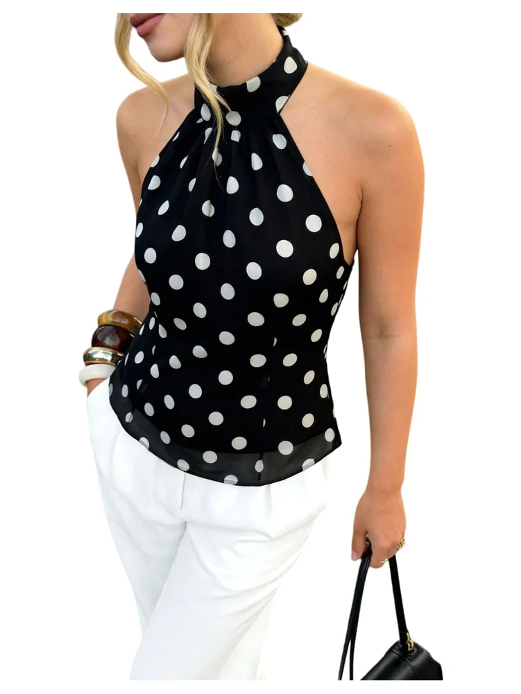 MAKEMECHIC Polka Dot Chiffon Mock Neck Halter Top
