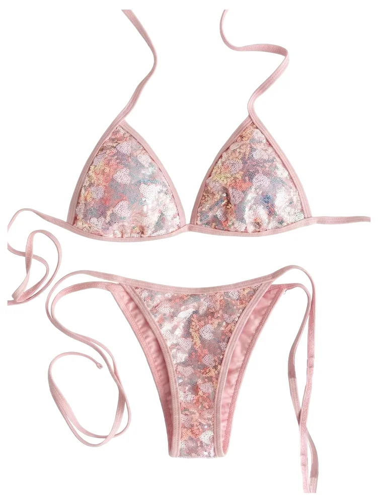 MAKEMECHIC Sequin Sparkly Triangle Bikini Set