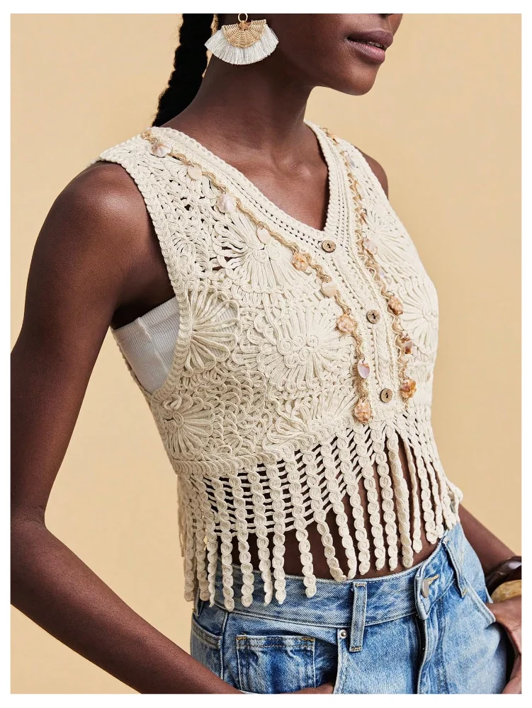 MAKEMECHIC Crochet Hollow Fringe Crop Top, view 2